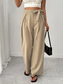 SHEIN Unity Women's Solid Color Casual Elegant Style Crepe Fabric Pleat Bowknot Straight Leg Pants - Brown - View 5