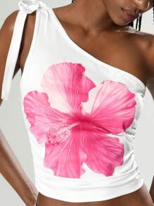 Easelle Printed Asymmetrical Neck Top Asymmetric Simple Fashion Daily Casual Summer For Women - White - View 1