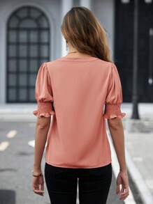 SHEIN Clasi 女士休闲纯色泡泡袖镂空领衬衫