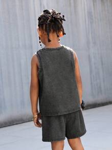 SHEIN 2 件套年轻男孩夏季街头酷炫石洗无袖宽松黑色牛仔背心和牛仔短裤套装，儿童春夏装街头装春假装