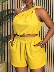 Slaydiva 休闲/假日纯色无袖扭纹下摆短款上衣和短裤套装，编织纹理面料，加大码女装 - F