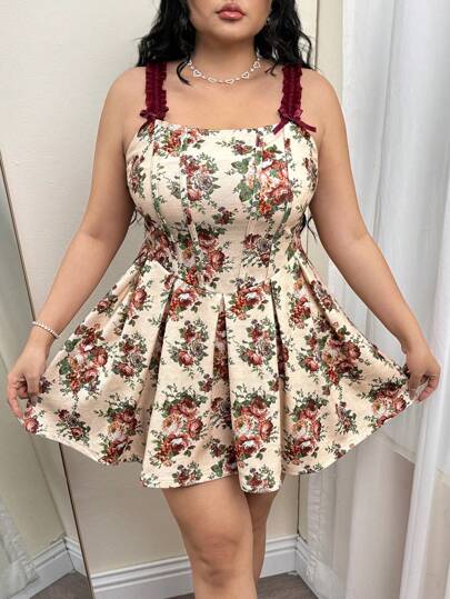 SHEIN ICON 大码复古宫廷花卉印花收腰 A 字连衣裙