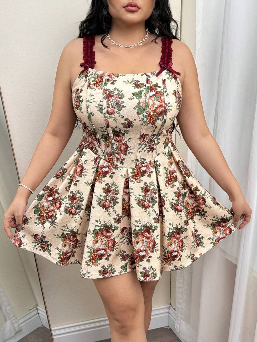 SHEIN ICON 大码复古宫廷花卉印花收腰 A 字连衣裙 - 彩色 - 查看 1