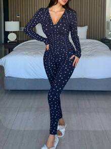 DAZY 女士碎花V领长袖上衣和裤子修身睡衣套装，秋冬服装 - 藏蓝色 - 查看 7