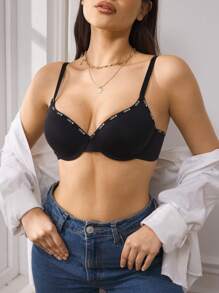 EasyFave Women's Minimalist Heart & Letter Trim Bra - Black - View 6