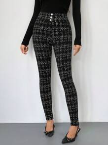 SHEIN Tall Women's Plaid Button Decor Skinny Fashionable Pants - Black - View 3