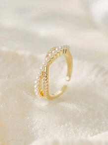 1 Pieza Anillo De Personalidad Cruzado De Circonita Cúbica Y Perlas Falsas Adecuado Para Uso Diario Para Mujeres