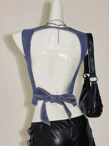 SHEIN ICON 女士无袖性感露背系带 Y2K 蝴蝶结牛仔短款上衣 - 彩色 - 查看 1