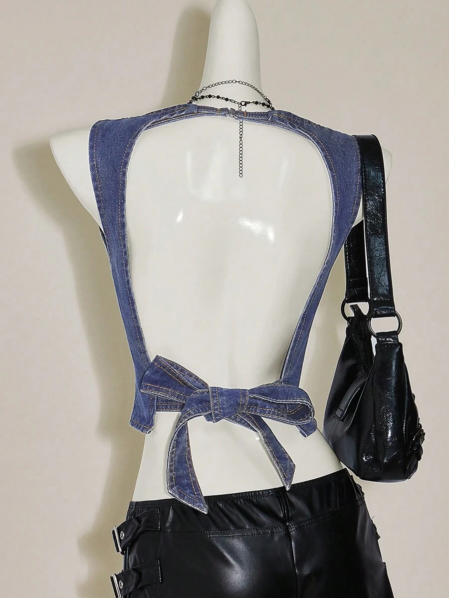SHEIN ICON 女士无袖性感露背系带 Y2K 蝴蝶结牛仔短款上衣 - 彩色 - 查看 1