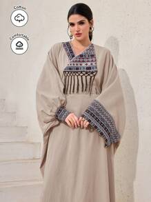 Al Najma Vestido de manga larga, estilo árabe modesto, con parches de unicolor y decoración con flecos para mujer - Albaricoque - Ver 3
