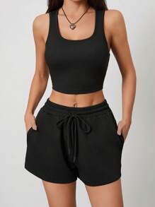 SHEIN PETITE Knitted Solid Color Vest And Elastic Shorts Set - Black - View 2