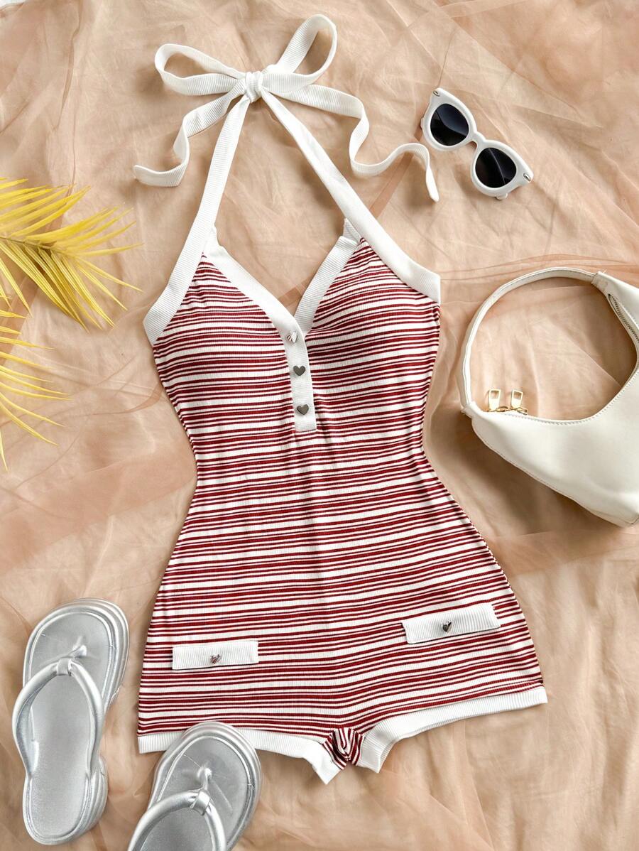 Soleia 女士休闲海滩度假、婚礼宾客装束、毕业早午餐、圣帕特里克节春假、复活节、音乐节优雅波西米亚热带复古针织纹理拼色心形金属扣装饰吊带连体衣，春夏 - 彩色 - 查看 1