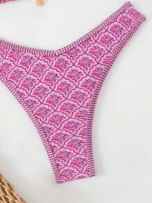 Swim Mod Spring Break Women Summer Random Floral Print Spaghetti Strap Top And High-Cut Bikini Swimwear Set - Multicolor - View 5