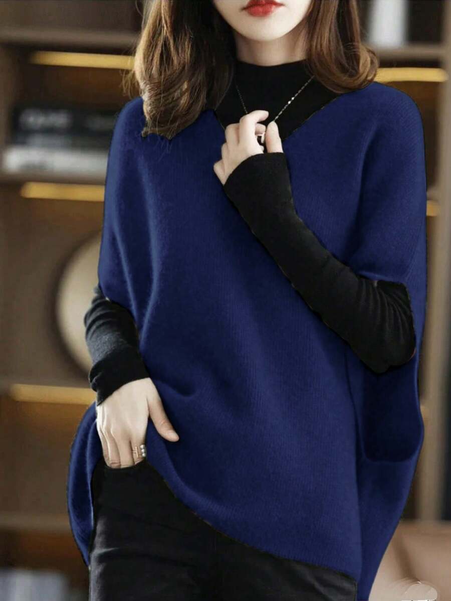 SHEIN LUNE V-Neck Loose Fit Vest Jacket With Batwing Sleeves, Knit Casual Outerwear For Autumn/Winter - Royal Blue - View 1
