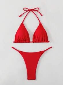 Swim Basics Women's Summer Vacation Beach Solid Color Bikini Set - Red - View 3