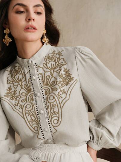 Anewsta Women's Elegant Embroidered Lantern Sleeve Round Neck Retro Pattern Embroidery Blouse Top, Festival Spring Outfits