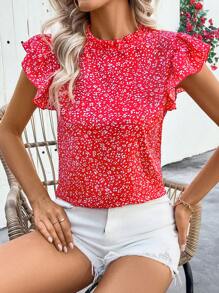 Breezaya 1件女士春夏假日圆领荷叶边短袖碎花宽松衬衫 - 紅色 - 查看 5