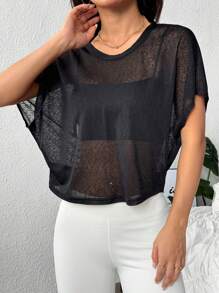 Easithlete Sexy Solid Color Sheer Backless Short Sleeve Sports T-Shirt - Black - View 3