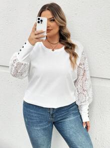 SHEIN CURVE+ Blusa elegante de manga larga con cuello redondo y encaje en contraste para mujeres talla grande, para primavera y otoño, blusa blanca de talla grande para uso casual, de fiesta o de negocios con detalles de lentejuelas - Blanco - Ver 9