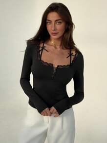 Aloruh Women's Solid Color Contrast Lace Bow Decor Long Sleeve T-Shirt