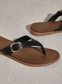 SHUZIA Top Seller Women's Soft Pu Midsole Gold Buckle Decor Pu Black Thong Sandals - Casual, Versatile, Fashionable & Comfortable - Black - View 7