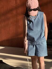 Dazy Kids Conjunto de niña preadolescente de mezclilla - Azul - Ver 3