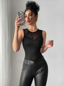 Selianne Áo ba lỗ cổ tròn phối lưới màu trơn cho nữ - màu đen - Xem 4