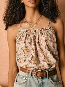 Poéselle Parte superior tipo camiseta sin mangas con cordón y volantes con estampado de paisley para damas en vacaciones de verano