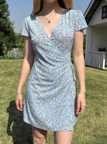 SHEIN EZwear 夏季女士度假装、浪漫春季连衣裙、女士度假休闲碎花系带连衣裙、太阳裙 - 淺藍色 - 查看 4