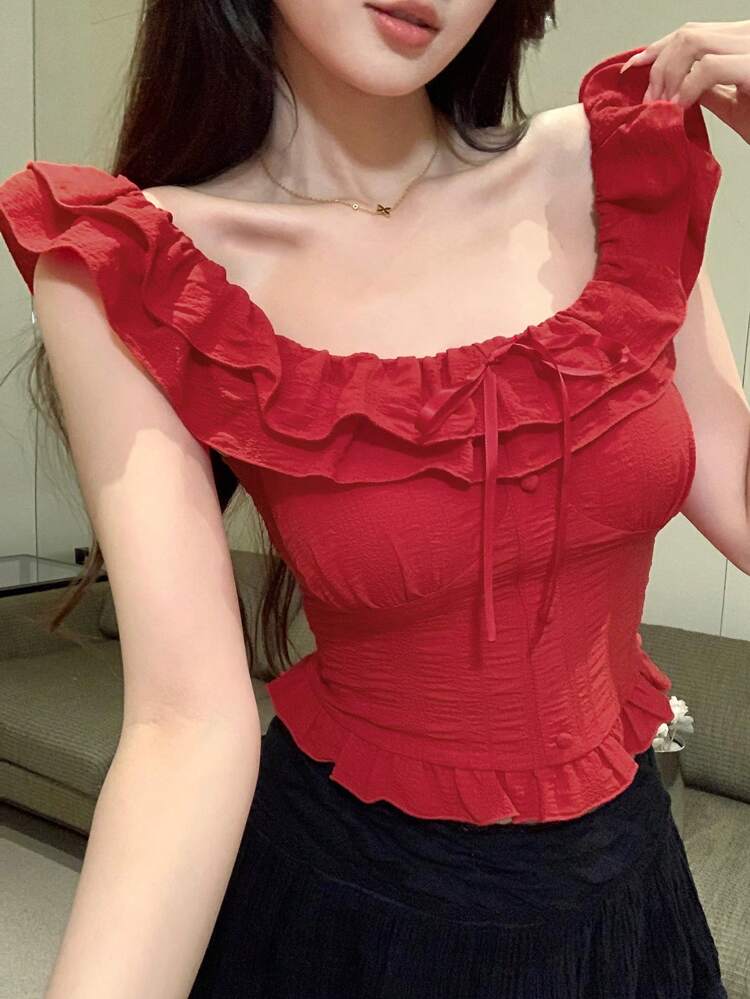 Ankala Red Ruffled Hem Sleeveless Cropped Women Shirt Babydoll Top