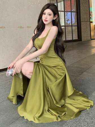 DAZY Strandurlaubs-Satin- & Piqué-Kleid mit asymmetrischem Rüschensaum, hochwertiges, formelles Partykleid, Hochzeitskleid in Midi-Länge für Frauen, Sommerball-Kleid, elegantes Sommerkleid, Kleidung für den Schulanfang