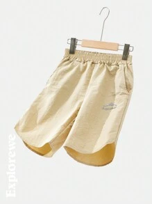 SHEIN 青少年女孩休闲简约连帽夹克和短裤套装，日常穿着 - 卡其色 - 查看 8