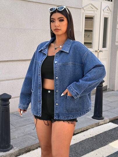 SHEIN ICON 大码休闲牛仔衬衫，日常穿着