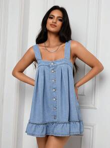 SHEIN PETITE Women's Casual Washed Ruffled Hem Mini Denim Dress - Medium Wash - View 5