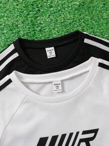 4pcs Tween Boy Casual Sports Letter Side Stripe Round Neck Short Sleeve T-Shirt Top And Sports Shorts Set, Suitable For Commuting, School, Daily Casual Wear, Sports, Spring/Summer