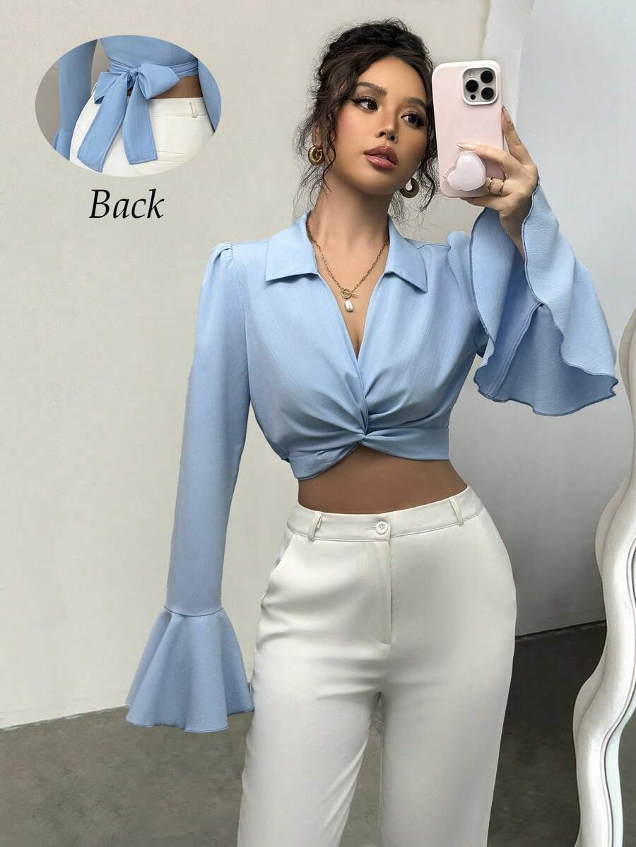 SHEIN Unity 女式纯色系带喇叭袖口短款衬衫,适合秋季 - 藍色 - 查看 1