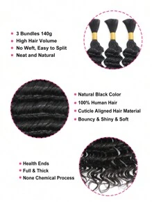 3 Bundles High Volume Braiding Hair Bulk No Weft Deep Wave Crochet Human Hair Boho Braids Natural Black Color Hair Extension Enough Full Head Weight 4.93 Ounce Knotless Braids Hair Extentions