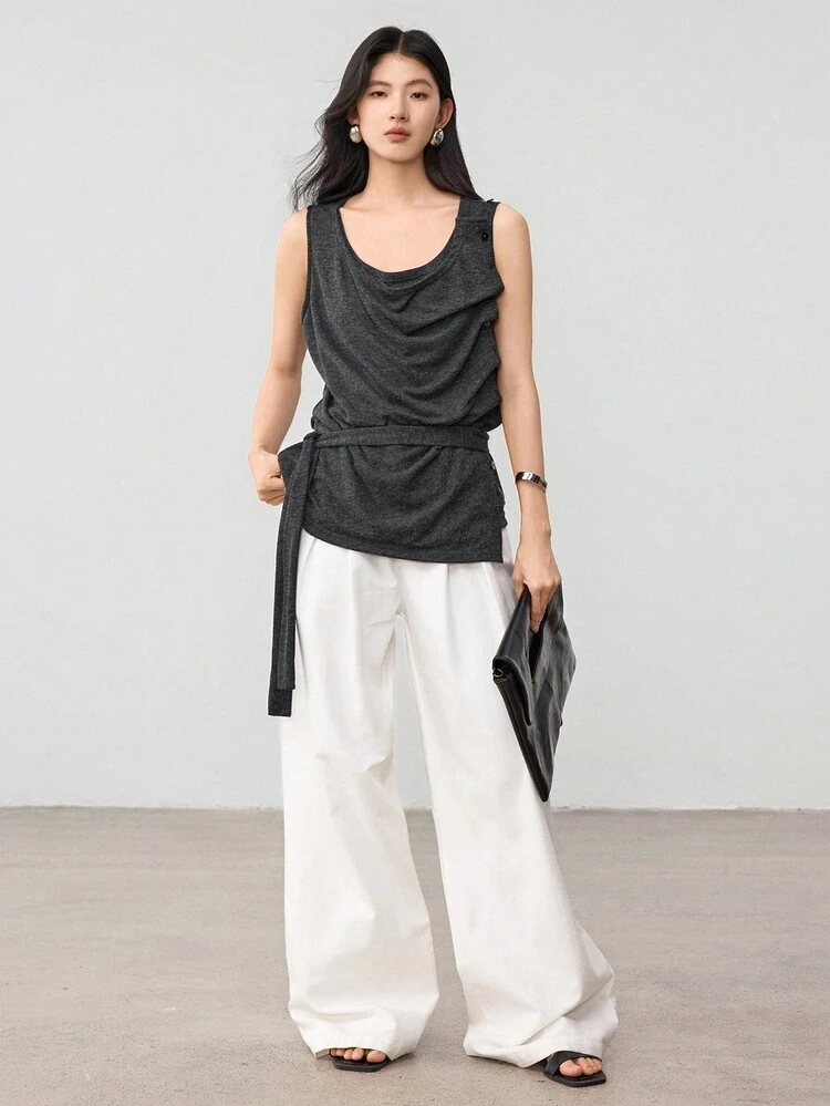 Linen Design Sense Button Waist Tie Sleeveless Vest Women T-Shirt Old Money Style Business Casual Women