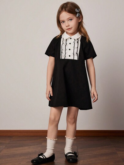 PrepCrw Young Girls College Style Black & White Contrast Color Collar Ruffle Hem Woven Dress, Spring/Summer