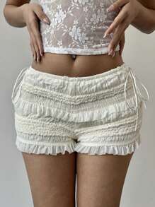 Aloruh Women's Sweet Romantic Ruffle-Trimmed Bowknot Low-Waist Mini Shorts, Spring/Summer - Apricot - View 3