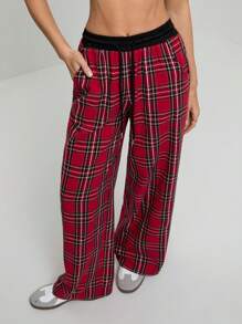 SHEIN Tall 女款 Y2K 红黑格子阔腿裤，街头时尚风格 - 紅色 - 查看 4
