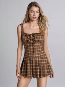 Easelle Women Coffee-Color Plaid Pleated Mini Dress - Multicolor - View 3