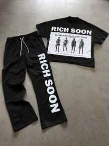 Manfinity EMRG Conjunto de camiseta corta con gráfico y pantalones, estilo urbano para hombres