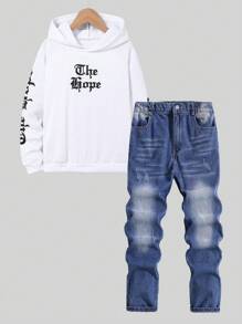2pcs/Set Boys Older Kids Hooded Print Long Sleeve Knit Sweatshirt + Casual Denim Long Pants, Spring/Autumn