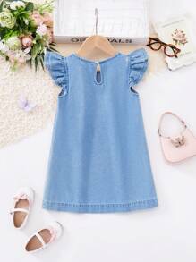 SHEIN 年轻女孩粉色丝带可爱蝴蝶结点缀蓝色牛仔盖袖连衣裙，女童春夏休闲度假波西米亚风家居服， - 深色水洗藍 - 查看 2