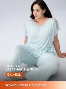 LUVLETTE Bộ đồ ngủ tay ngắn lưới thoáng khí mềm mại Plus & quần dài thoáng khí Bộ đồ ngủ thể thao thoải mái thường ngày Quần áo thể thao có túi Đồ lót làm đồ mặc ngoài Bộ đồ ngủ cho nữ - Màu xanh nhạt - Xem 1