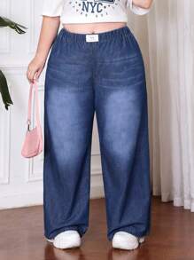 SHEIN CURVE+ Jeans blu taglie forti con vita elastica, tessuto leggero, jeans comodi e freschi, pantaloni diritti snellenti