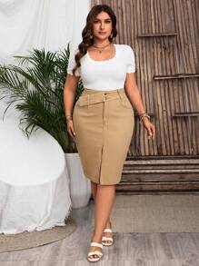 EMERY ROSE Chân váy denim mini cỡ lớn, phong cách thường ngày & thời trang để mặc hàng ngày - Màu Khaki - Xem 4