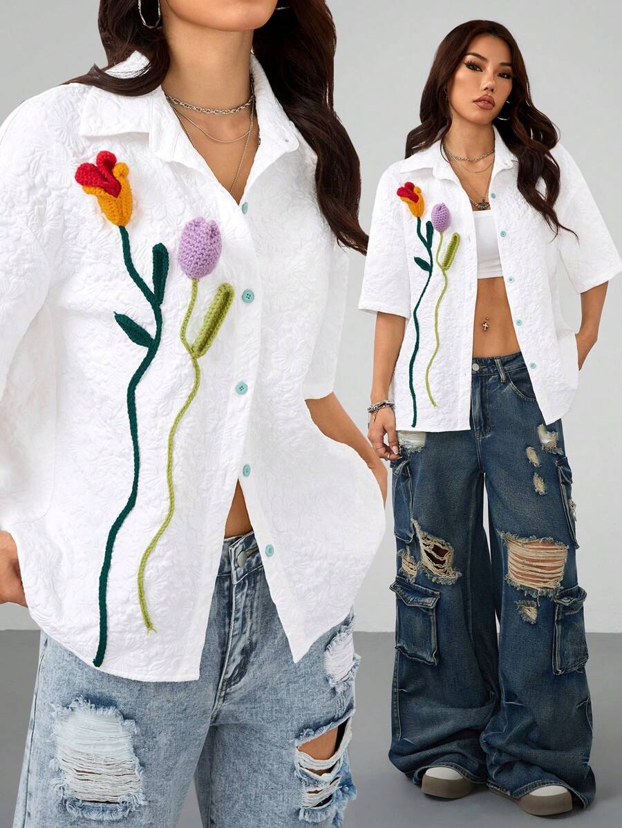 Coolane Women's & Men's Spring/Summer Date Night Casual Flower Textured Baggy Shirts,Back To School,Valentine's Day - Apricot - View 1
