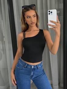 SHEIN Essnce 女士不对称针织吊带背心 - 黑色 - 查看 4